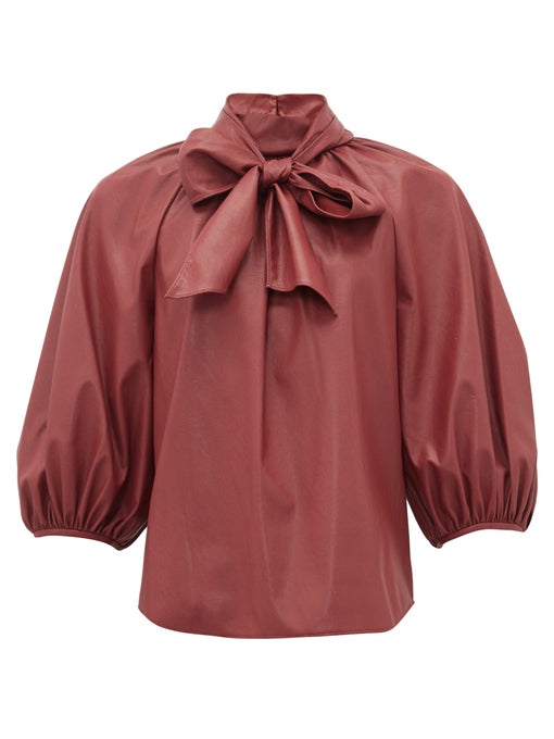 Neck-tie faux-leather blouse